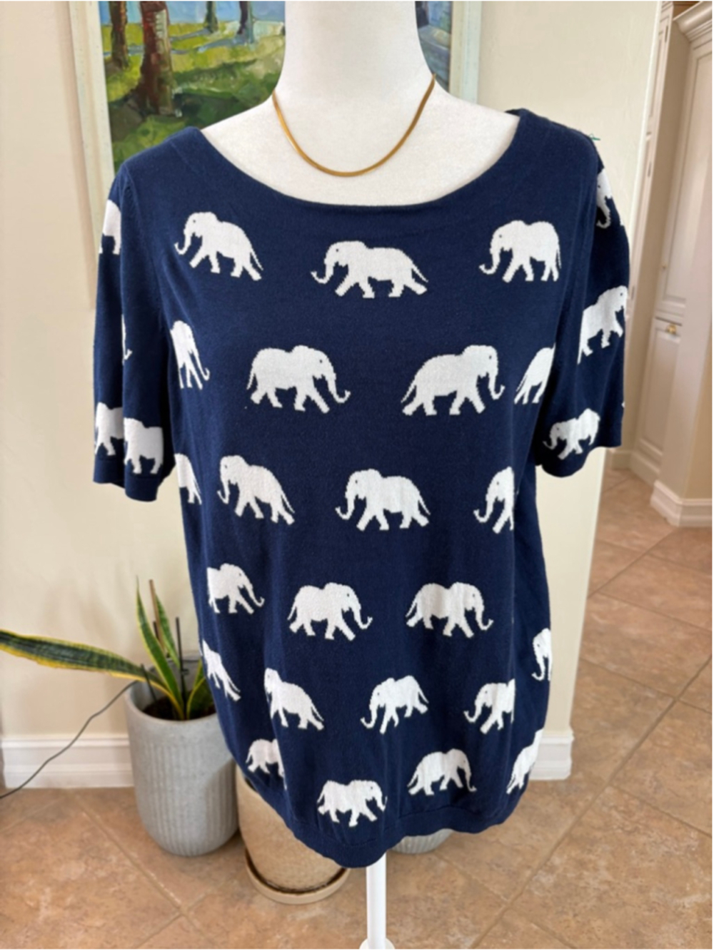 Talbots 1X Navy White Elephant Print Crew Neck Sweater